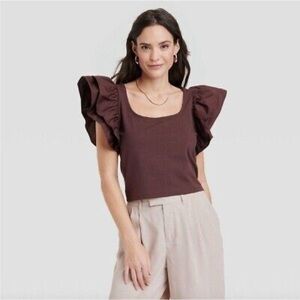 A New Day Double Flutter Sleeve Square Neck Crop Top SZ XL